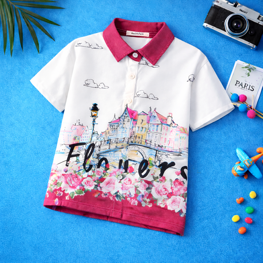 Venutaloza City Flowers Border Print Short Sleeve Shirt For Boys.