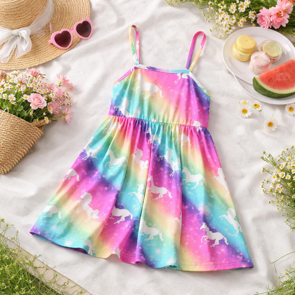 Stylish Omber Unicorn Tunic Design Midi Frock Dress for Baby Girl.