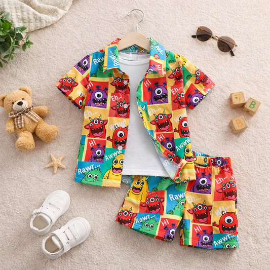 Venutaloza Kids Cartoon Graphic Casual Shirt & Shorts Without tee Two Piece Set.