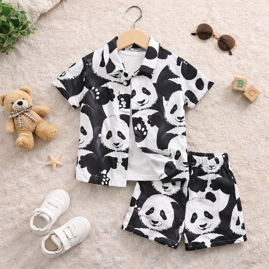 Venutaloza Kids Black & White Cartoon Panda Print Turn Down Collar Shirt & Shorts Without tee Two Piece Set.