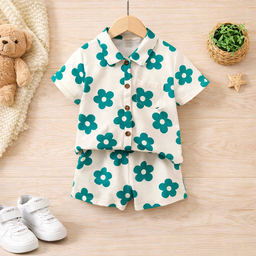 Venutaloza kids Sunshine Young Boy Casual Flower Short Sleeve Button Down Shirt & Shorts Without tee Two Piece Set.