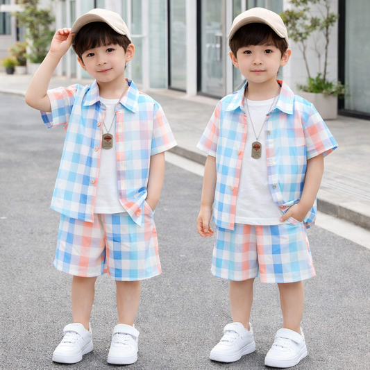 Venutaloza Kids Sunshine Plaid Turn Down Collar Shirt & Shorts Without tee Two Piece Set.