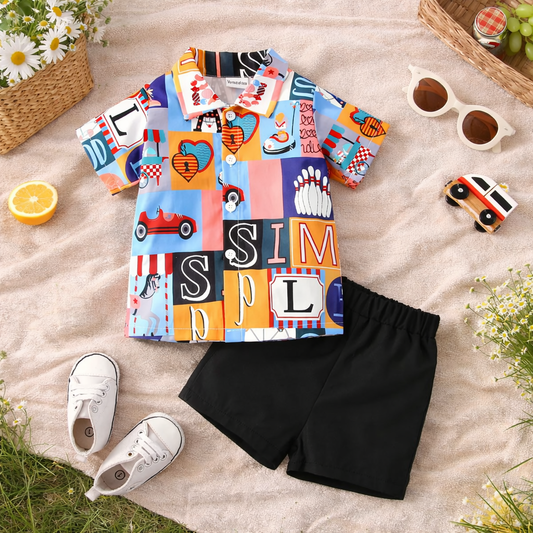 Venutaloza Kids Casual Letters Shirt & Shorts Without tee Two Piece Set.