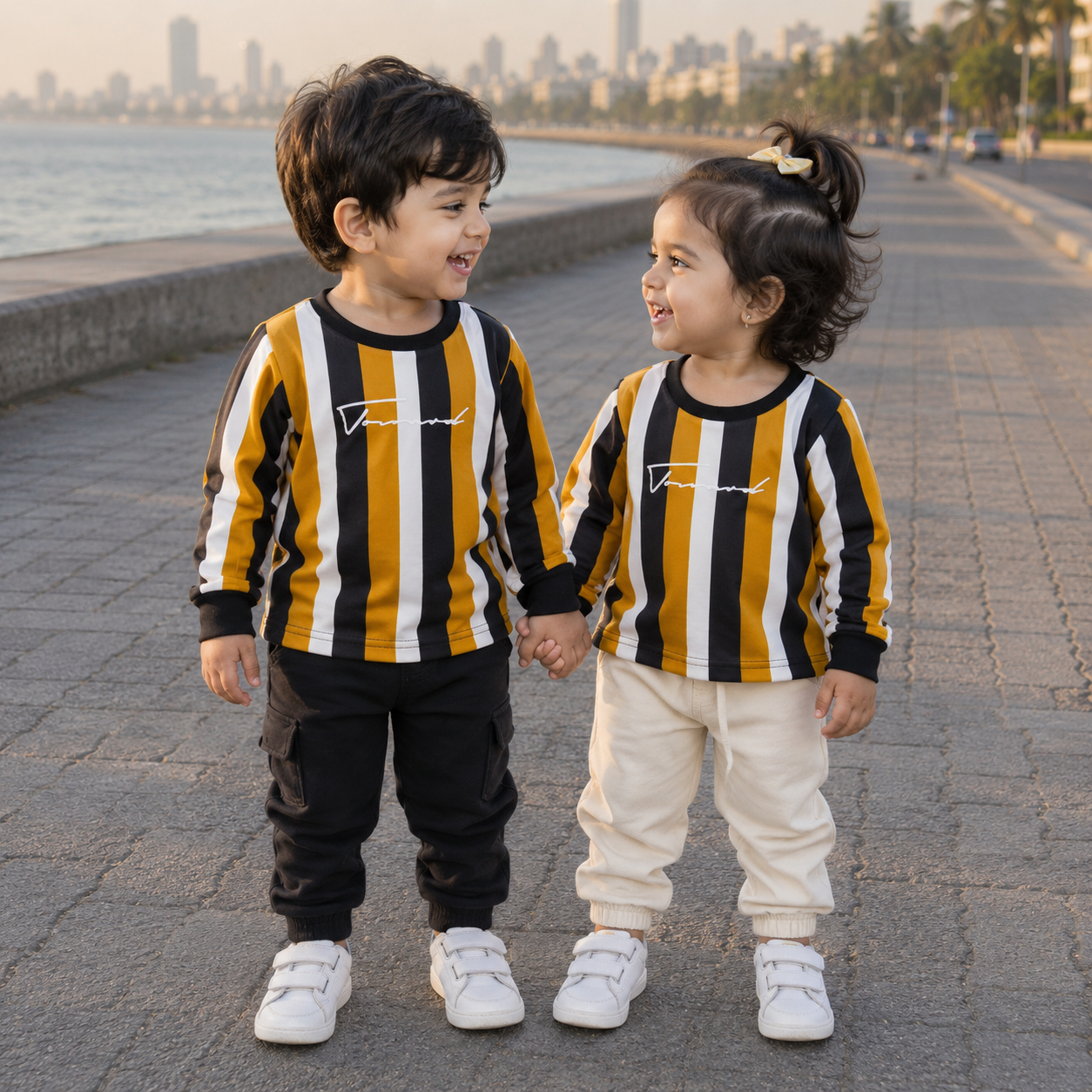 Venutaloza Stripe Color Block  Round Neck T-Shirt For Baby Girl's.