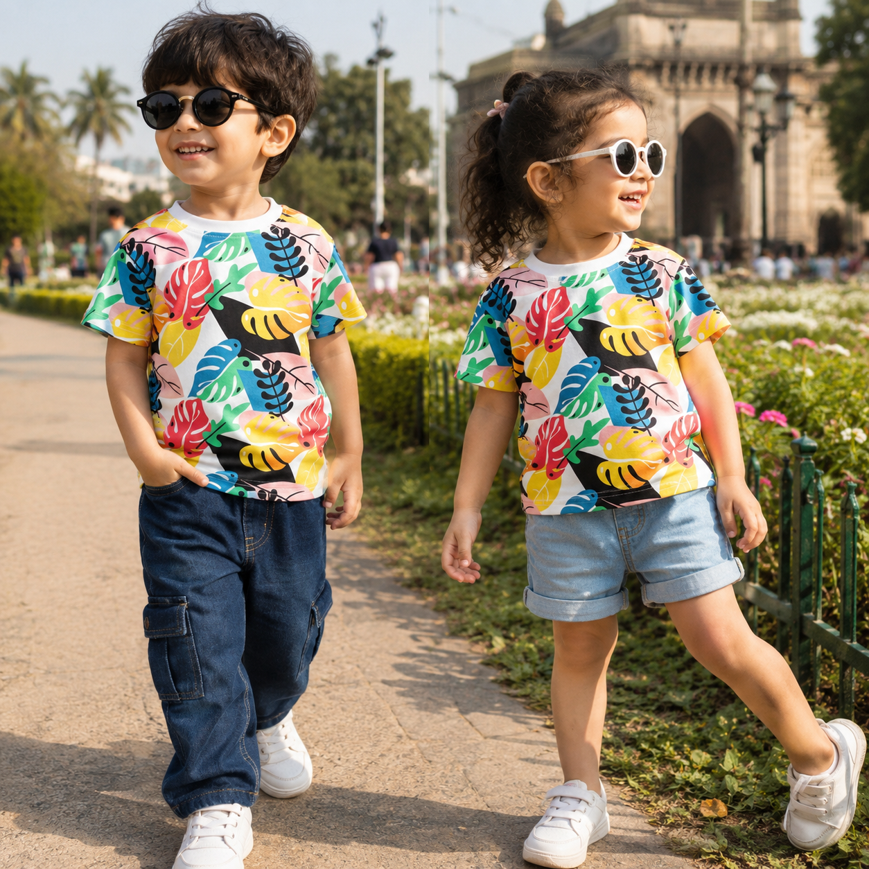 Venutaloza Tropical Print Neck Color Block T-Shirt For Baby Girl's.