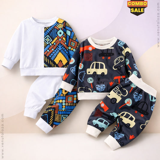 Venutaloza Stylish Baby Set White Thermal Print & Car & Tree Pullover Design (Combo Pack Of 2) T-Shirt & Pants.