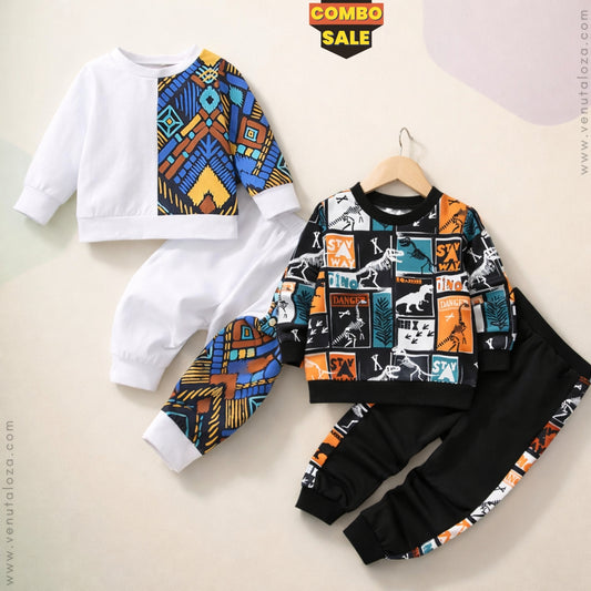 Venutaloza Stylish White Baby Set Black Graphic Print & Colorblock Dinosaur (Combo Pack Of 2) T-Shirt & Pants.