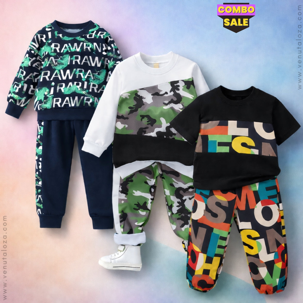 Venutaloza Stylish Baby Set Dinosaur Animal & Tie Dye Fleece & Letter Graphic & Alphabet Letter (Combo Pack Of 3) T-Shirt & Pants.