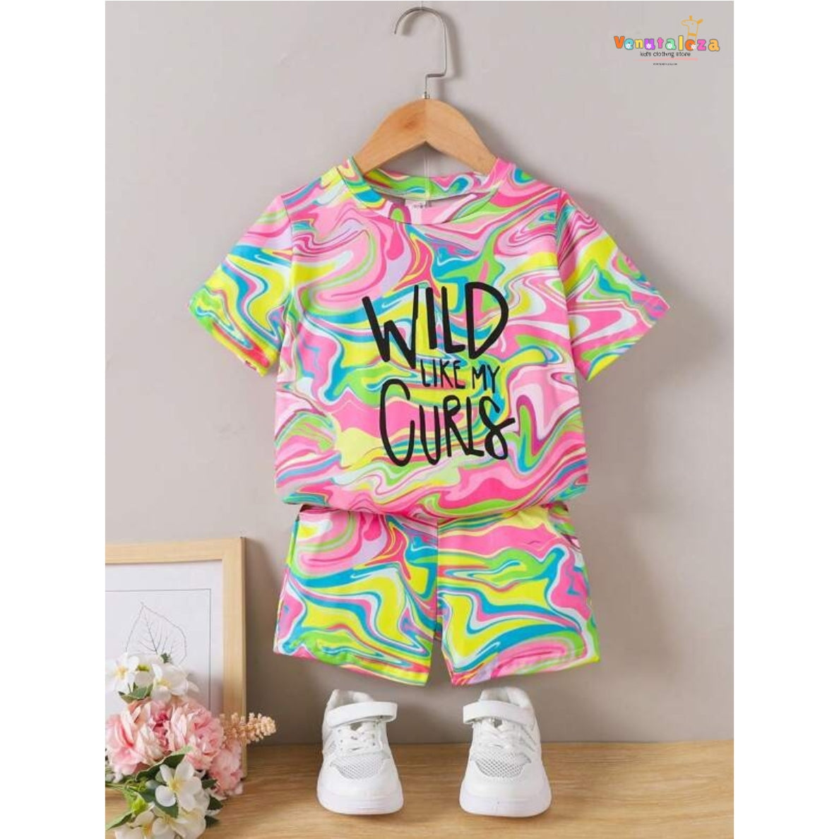 Venutaloza Kids Fluid & Slogan Graphic T-Shirt & Shorts Two Piece Set For Boys.