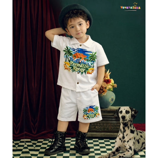 Baby Boy Fashion Breasted Plant Leaf Print Short Sleeve Two-Piece Set.