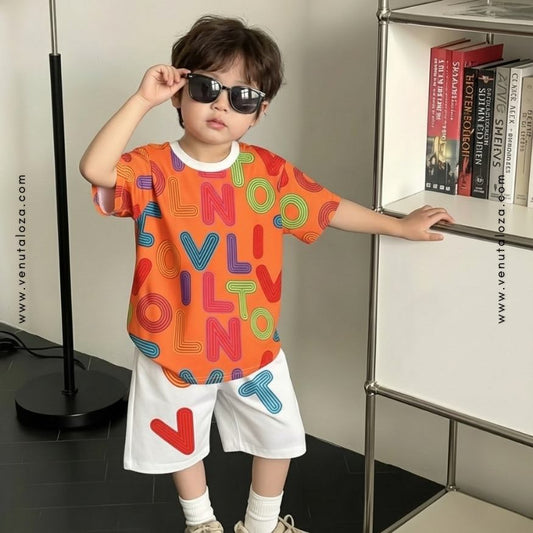 Venutaloza Kids Orange Letters Casual T-Shirt & Shorts Two Piece Set For Boys.