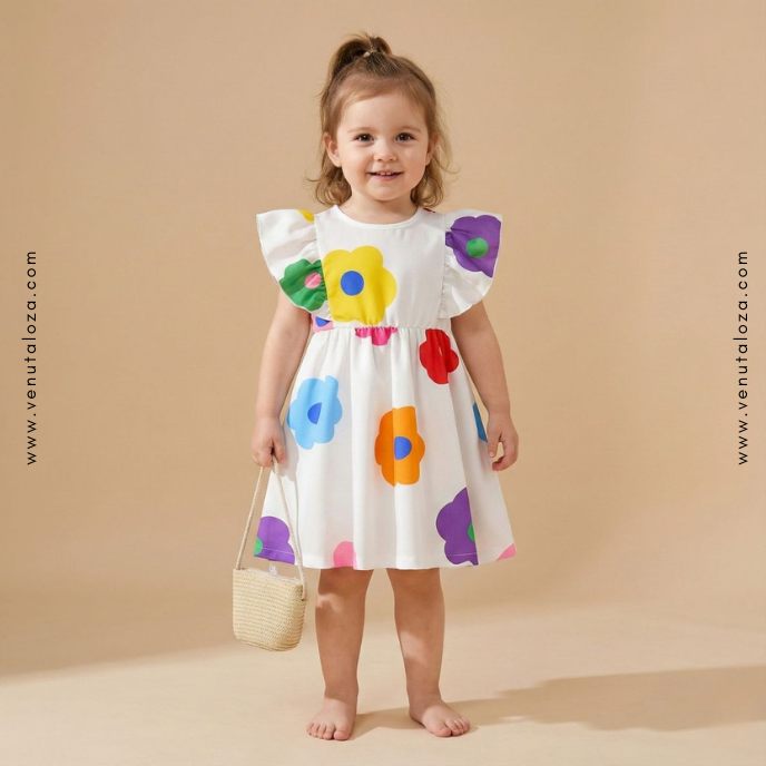 Baby Girl Round Neck Ruffle Floral All-Over Print Dresses_Frocks For Girl.