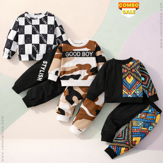 Venutaloza Stylish Baby Set Black Graphic Print & Checkerboard & Color-Block Letter (Combo Pack Of 3) T-Shirt & Pants.