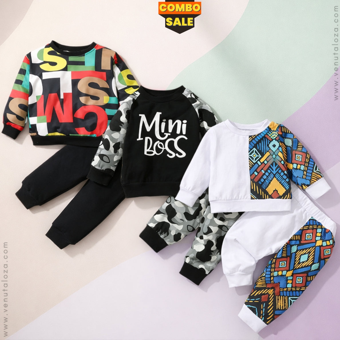 Venutaloza Stylish Baby Set Mini Boss & Letter Graphic & Multi Graphic (Combo Pack Of 3) T-Shirt & Pants.