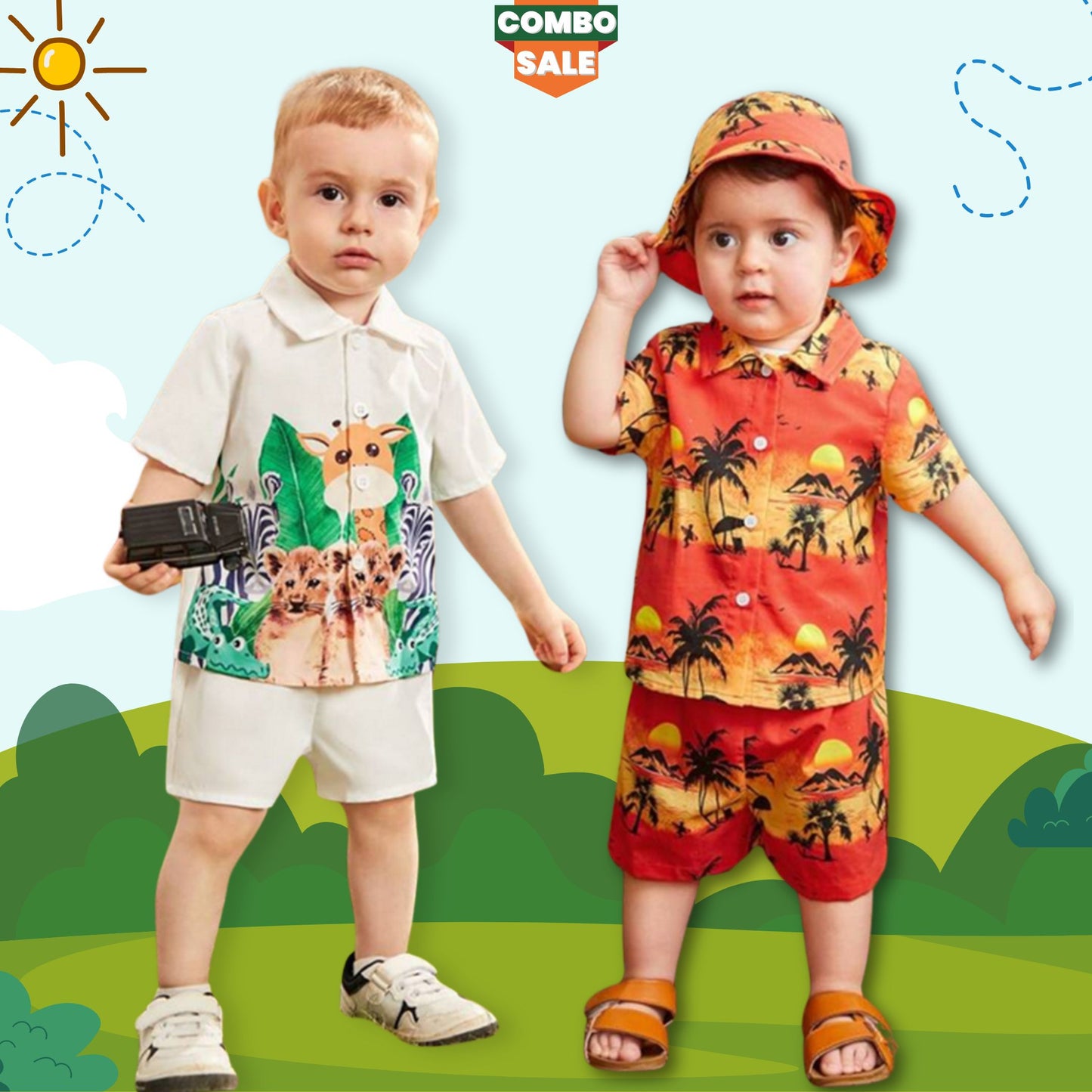 Venutaloza Baby Set Animals & Sunset Tropical (Combo Pack Of 2) Shirt & Shorts Without tee Two Piece Set For Boy & Girls..