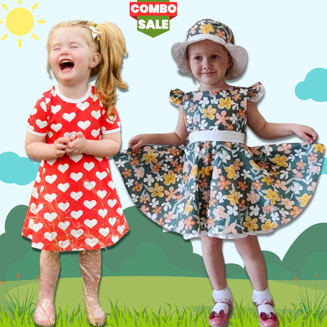Baby Girl's Designer Heart & Green Floral Tunic Dresses (Combo Pack Of 2) for Baby Girl.