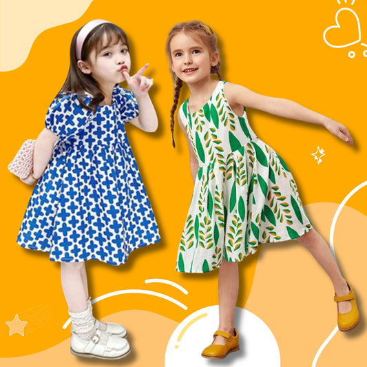 Princess Stylish BabyGirl's Blue Plus & Green Floral Designer Tunic Dresses_Frockes Combo for Kids.