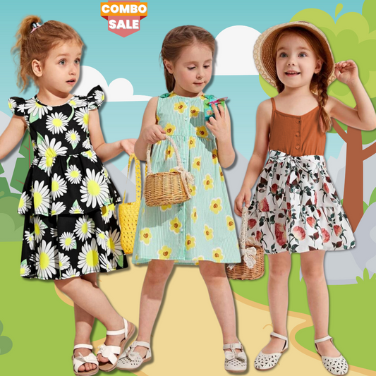 Stylish BabyGirl's Light Green Striped Sunflower & Floral Dresses_Frocks (Combo Pack Of 3) For Kids.