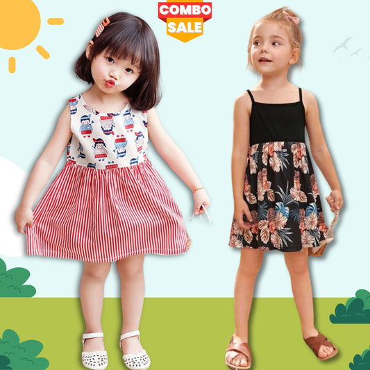 Baby Girl's Unique Designer Barbie Doll 's & Black Floral Tunic Dress (Combo Pack Of 2) for Baby Girls.