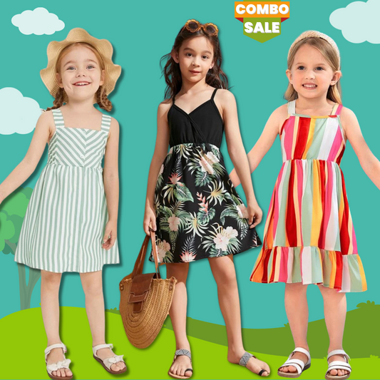 Stylish BabyGirl's Floral & Striped Dresses_Frocks (Combo Pack Of 3) For Kids.