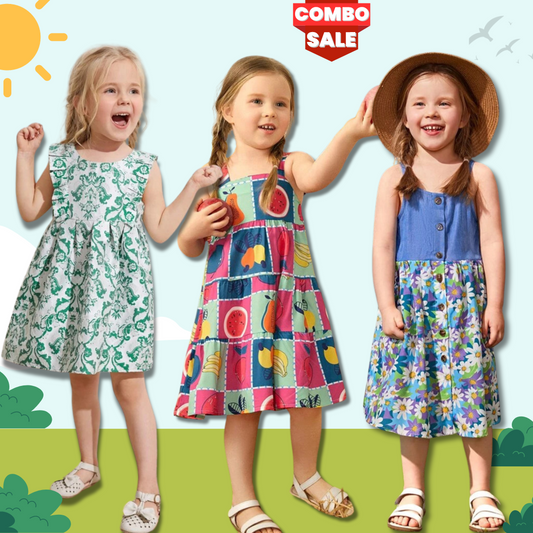 Stylish BabyGirl's Light Green Flower & Fruits & Floral Dresses_Frocks (Combo Pack Of 3) For Kids..