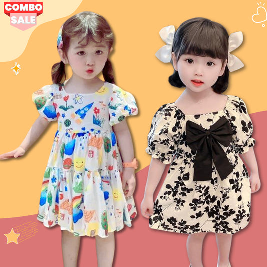 BabyGirl Princess Pencil Drawing & Black Floral Designer Tunic Dress Combo for Baby Girls.