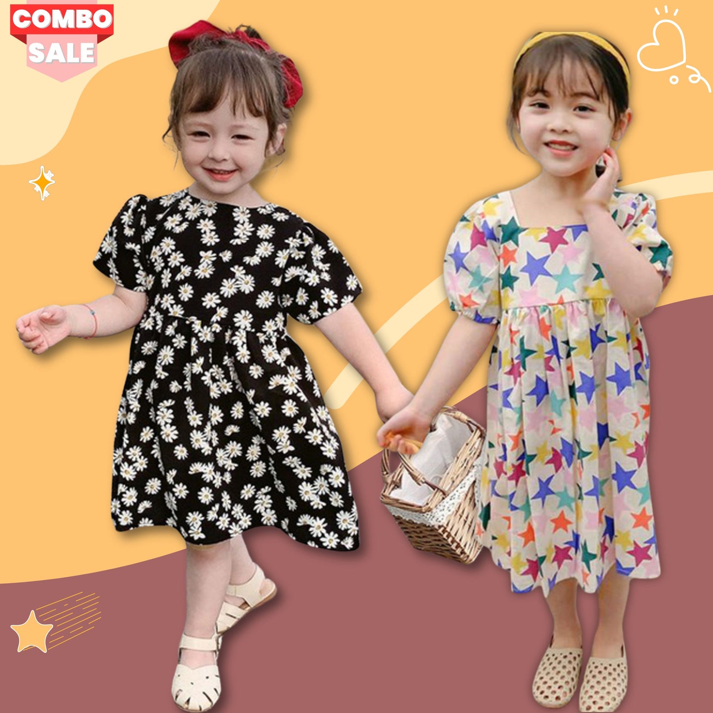 BabyGirl Princess Multi Star & Red Floral Tunic Dress (Combo Pack Of 2) for Baby Girls.
