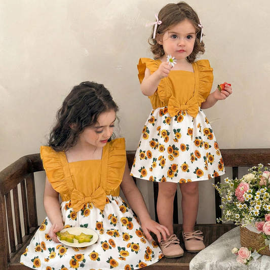 Venutaloza Babydoll Sunflower Print Bow Ruffle Trim Designer Frocks & Dresses for Baby Girl.