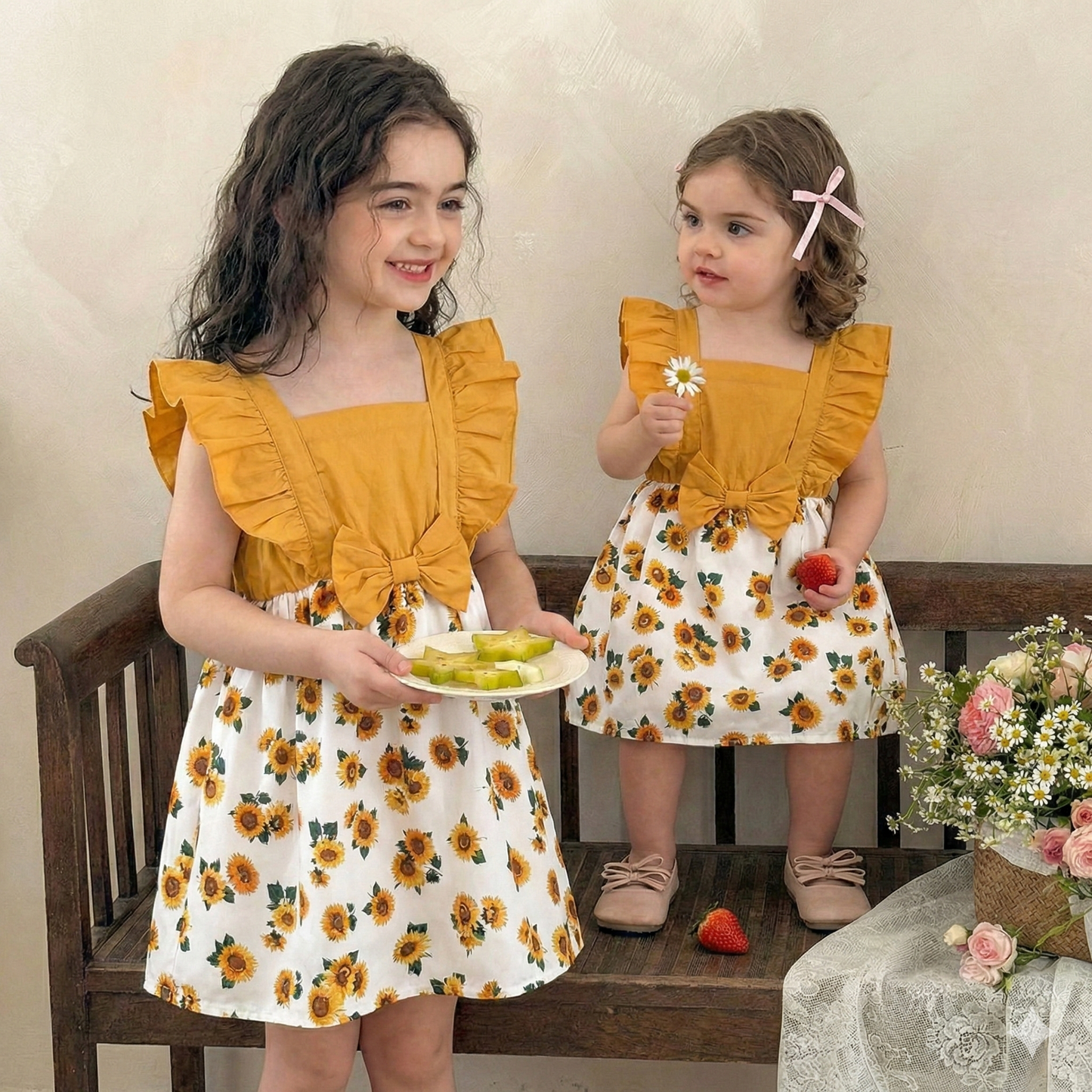 Venutaloza Babydoll Sunflower Print Bow Ruffle Trim Designer Frocks & Dresses for Baby Girl.