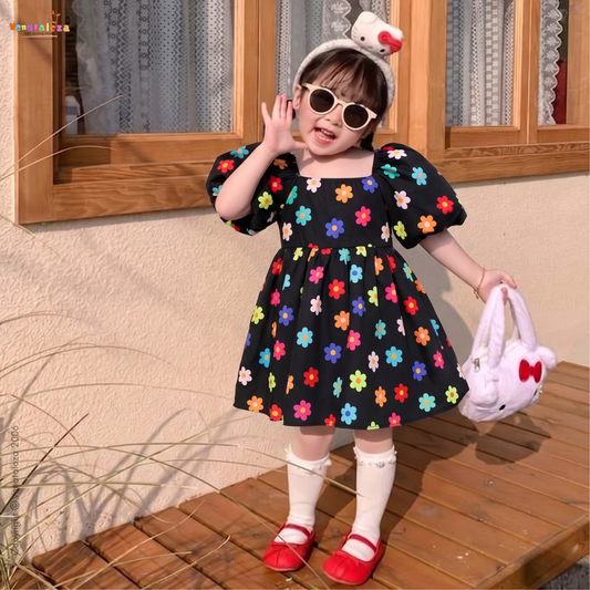 Cute Baby Girl  Casual Bubble Floral Short Sleeve Floral Dress For Girl.