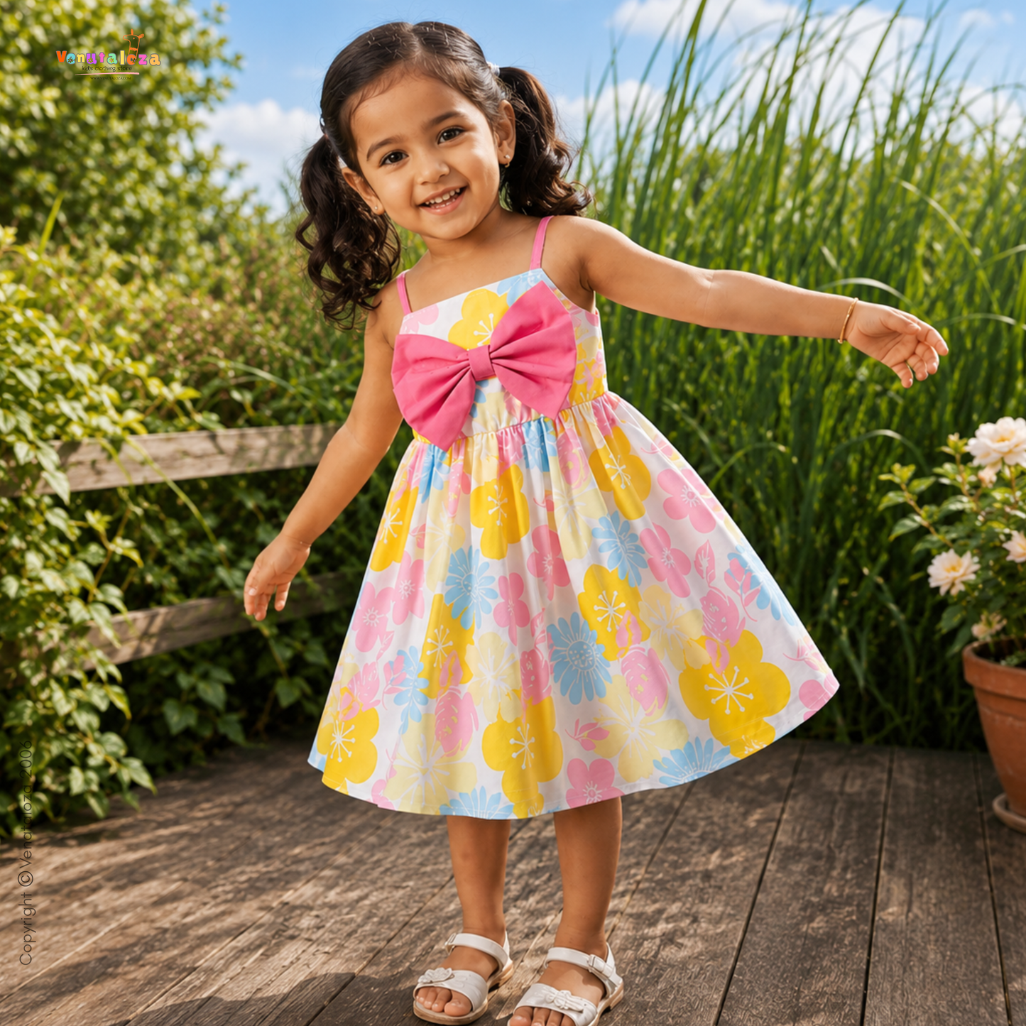 Baby Girl's Sweet And Cute Flower Print Spaghetti Strap Dress With Big Bowknot Frocks for Kids.
