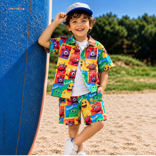 Venutaloza Kids Cartoon Graphic Casual Shirt & Shorts Without tee Two Piece Set.