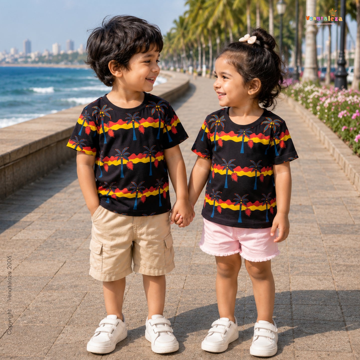 Venutaloza Cocount Tree Round Neck Stripe T-Shirt For Baby Girl's.