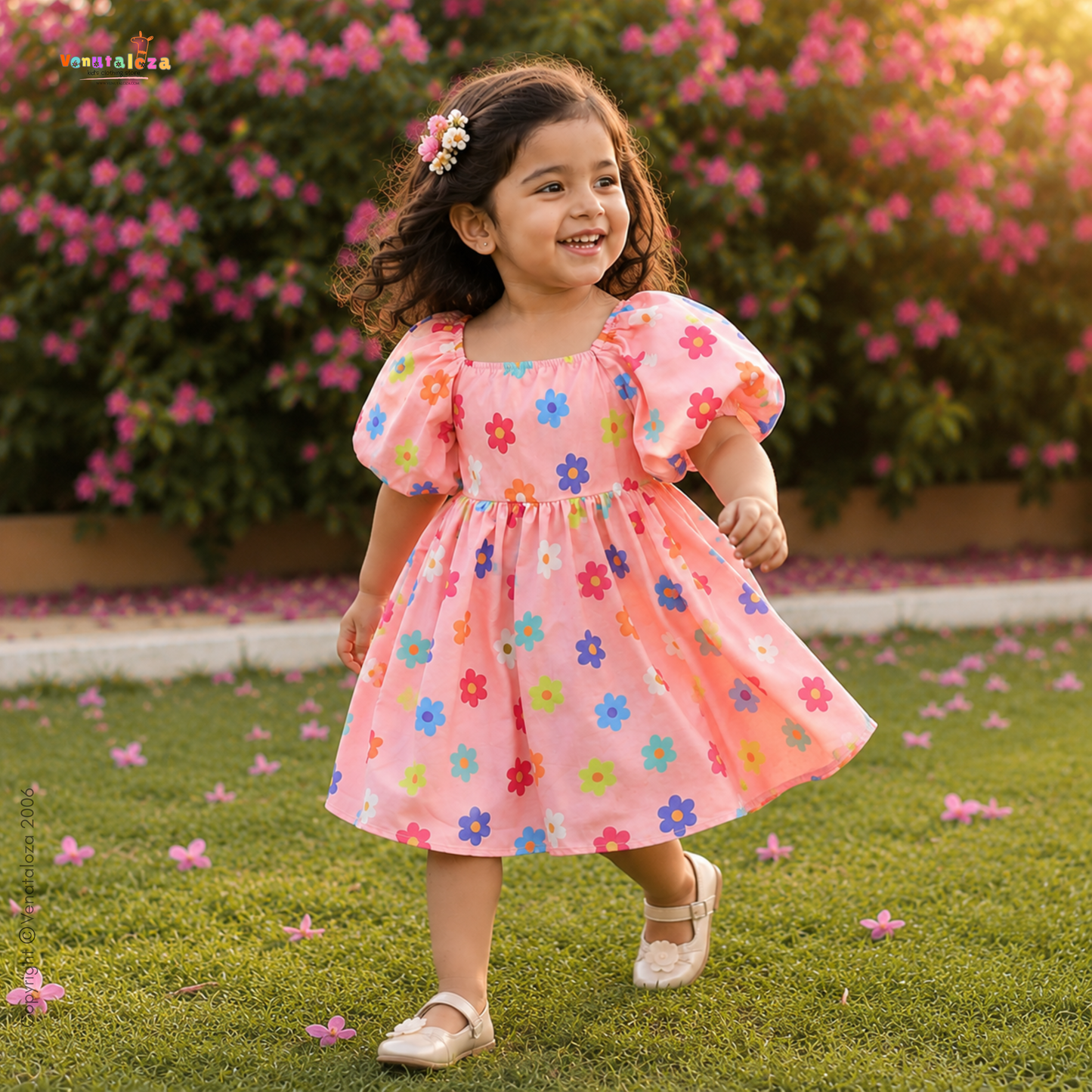 Cute Girl Floral Print Square Neck Puff Sleeve Casual Dress For Spring.