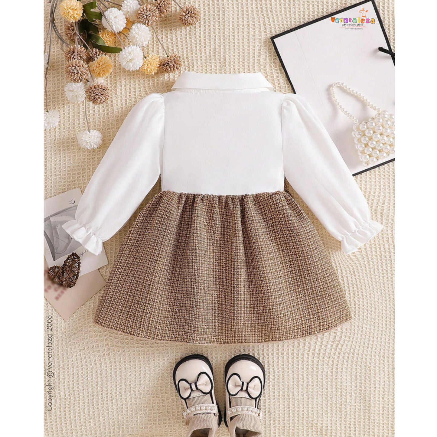Baby Girls' Collared Puff Sleeve Classic A-Line Frock For Girls.