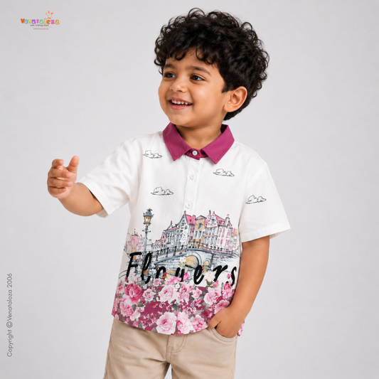 Venutaloza City Flowers Border Print Short Sleeve Shirt For Boys.