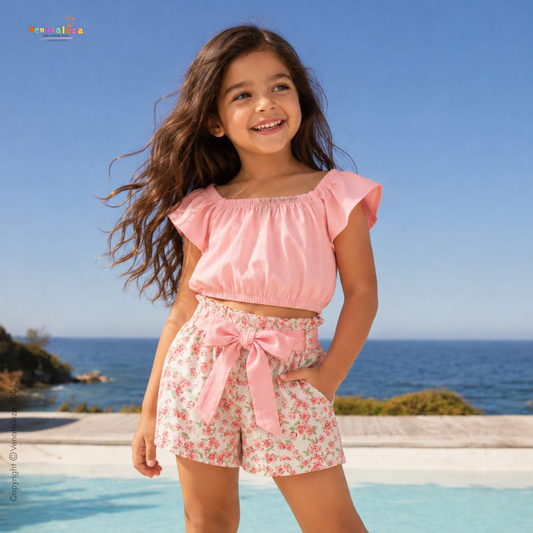 Crop Pink Floral Stylish Butterfly Sleeve Top And Belted Shorts For Baby Girls.