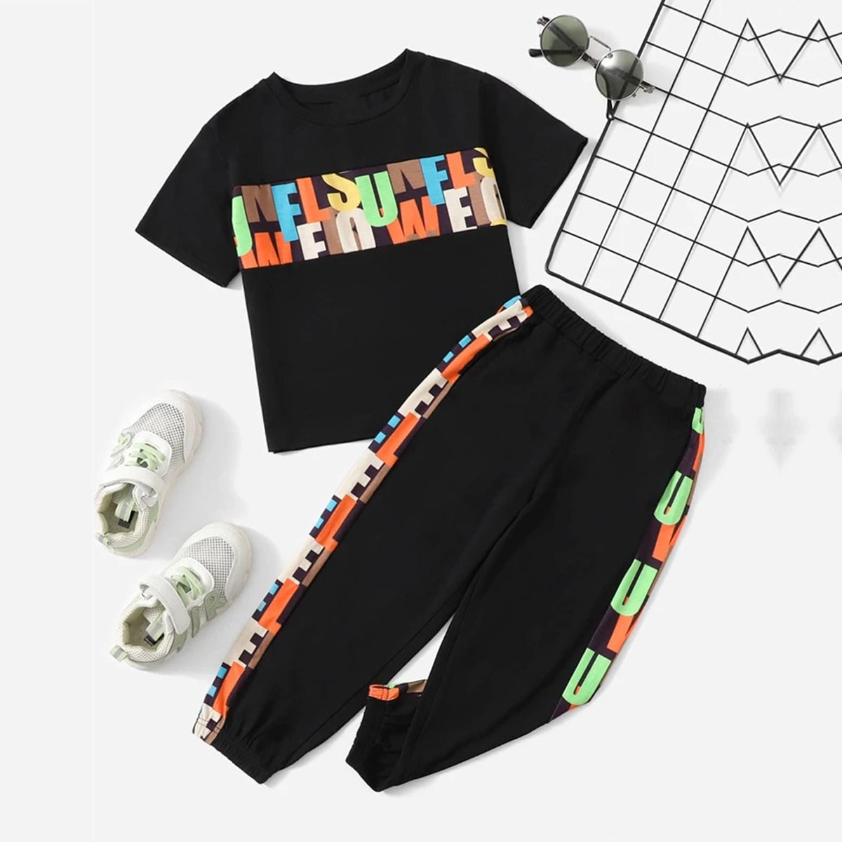 Venutaloza Toddler Boys letter Graphic T-Shirt & Pants Baby Baby Set.