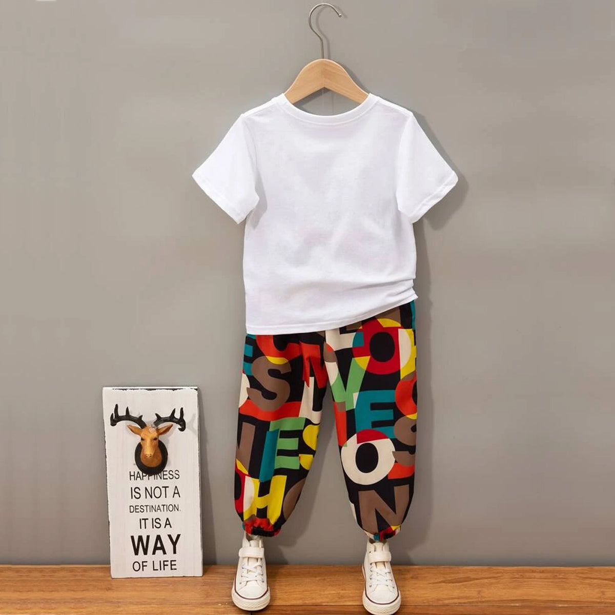 Venutaloza Baby Set White Letter Graphic Print_Cami & Multicolor Car Color-Block Letter (Combo Pack Of 2) T-shirt & Pants..