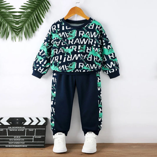 Venutaloza Toddler Boys Letters Dinosaur Print Graphic T-shirt & Pants.