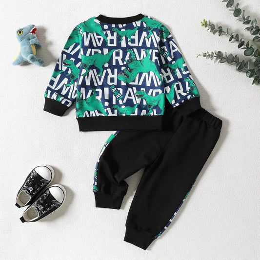 Venutaloza Boys Letter Dinosaur Print Graphic T-shirt & Pants Two Piece Set For Boys.