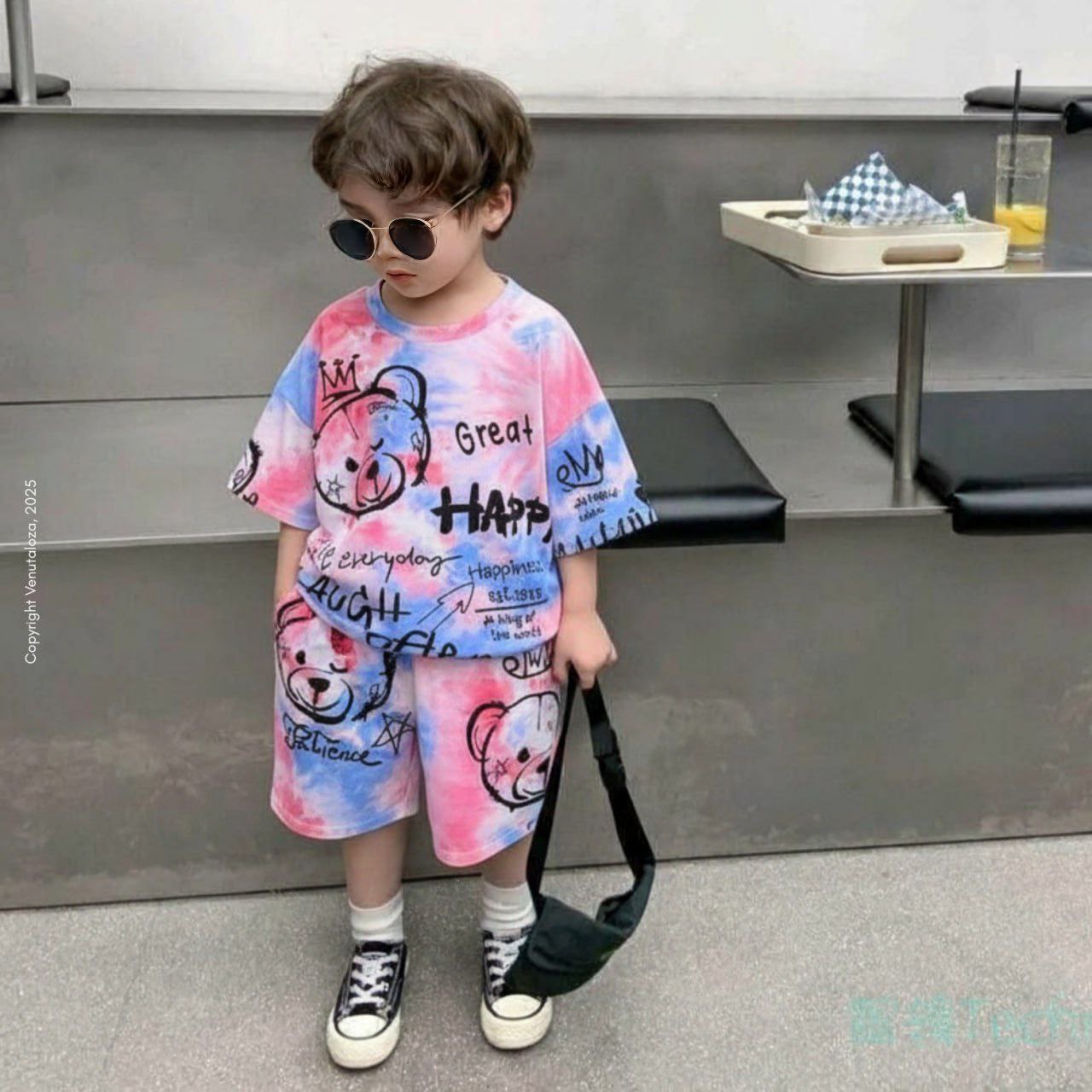 Venutaloza Kids HYPME Tie Dye Bear & letters Graphic Casual T-Shirt & Shorts Two Piece Set For Boys.