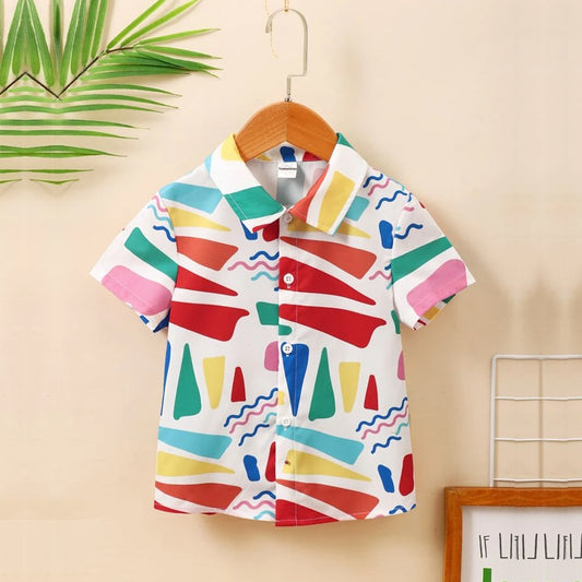 Venutaloza Boys Geometric Graphic Color-block Shirt For Boy.