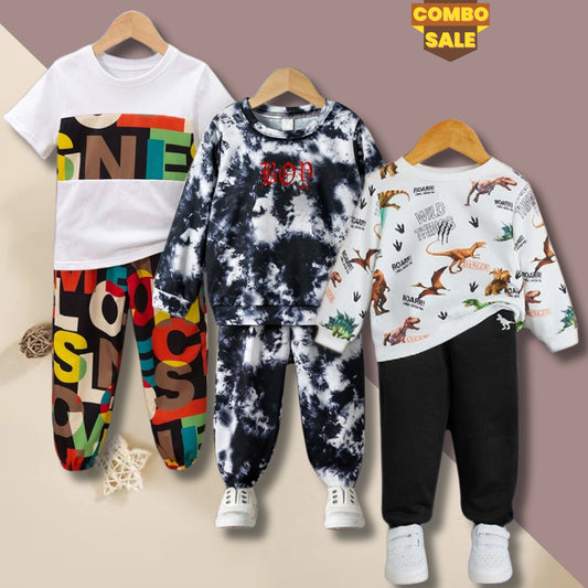 Venutaloza Baby Set Letters & Dinosaur Animal & Tie Dye Fleece (Combo Pack Of 3) T-Shirt & Pants.