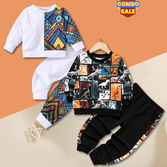 Venutaloza Stylish White Baby Set Black Graphic Print & Colorblock Dinosaur (Combo Pack Of 2) T-Shirt & Pants.
