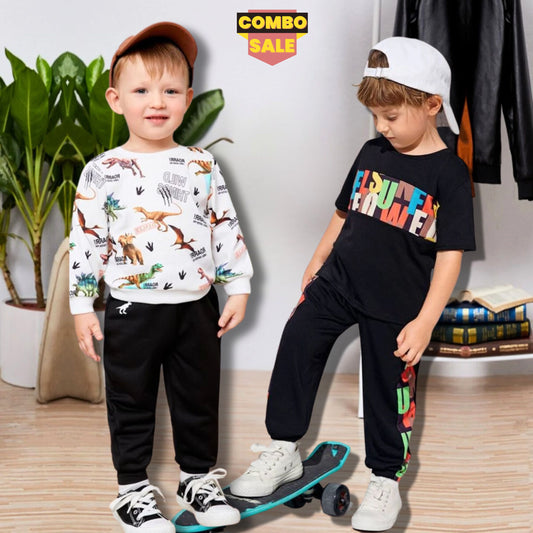 Venutaloza Black Letters Graphic Print & Dinosaur Design (Combo Pack Of 2) T-Shirt & Pants.