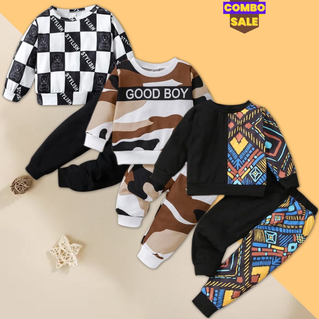 Venutaloza Stylish Baby Set Black Graphic Print & Checkerboard & Color-Block Letter (Combo Pack Of 3) T-Shirt & Pants.