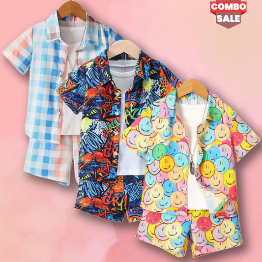 Venutaloza Baby Set Letters & Expression and Plaid Turn Down Collar (Combo Pack Of 3) Casual Printed Shirt & Shorts Without tee Two Piece Set For Boy & Girls.