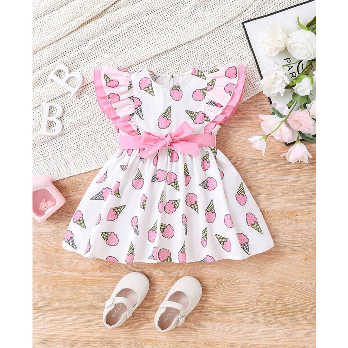 Baby Ice cream designer Dress With Bowknot Decoration For Girls.
