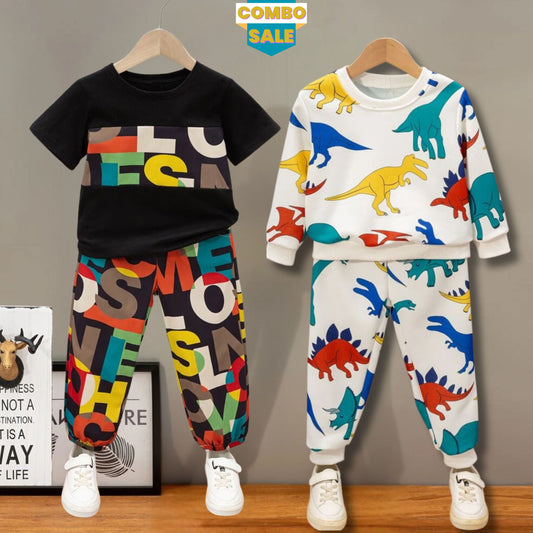 Venutaloza Stylish Baby Set Letters Graphic Print & Dinosaur Multicolor (Combo Pack Of 2) T-Shirt & Pants.